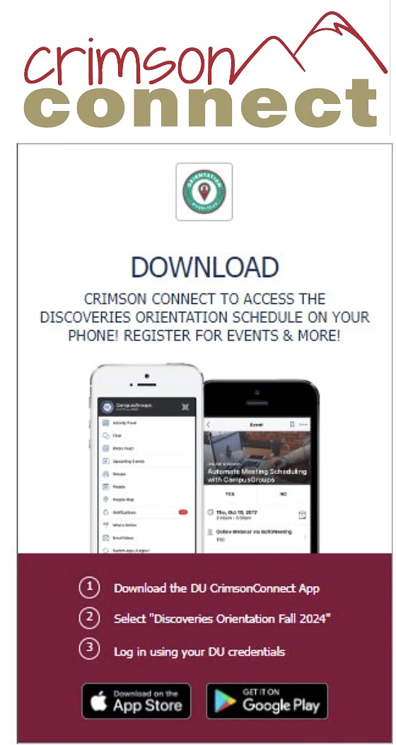 The image is an advertisement for the "Crimson Connect" app, encouraging users to download it for accessing the Discoveries Orientation schedule, registering for events, and more, with additional instructions and download options available.